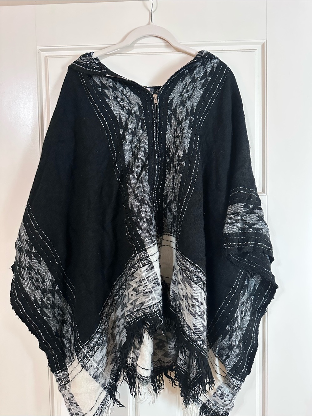 Forever 21 Black & Gray Hooded Poncho with Fringe